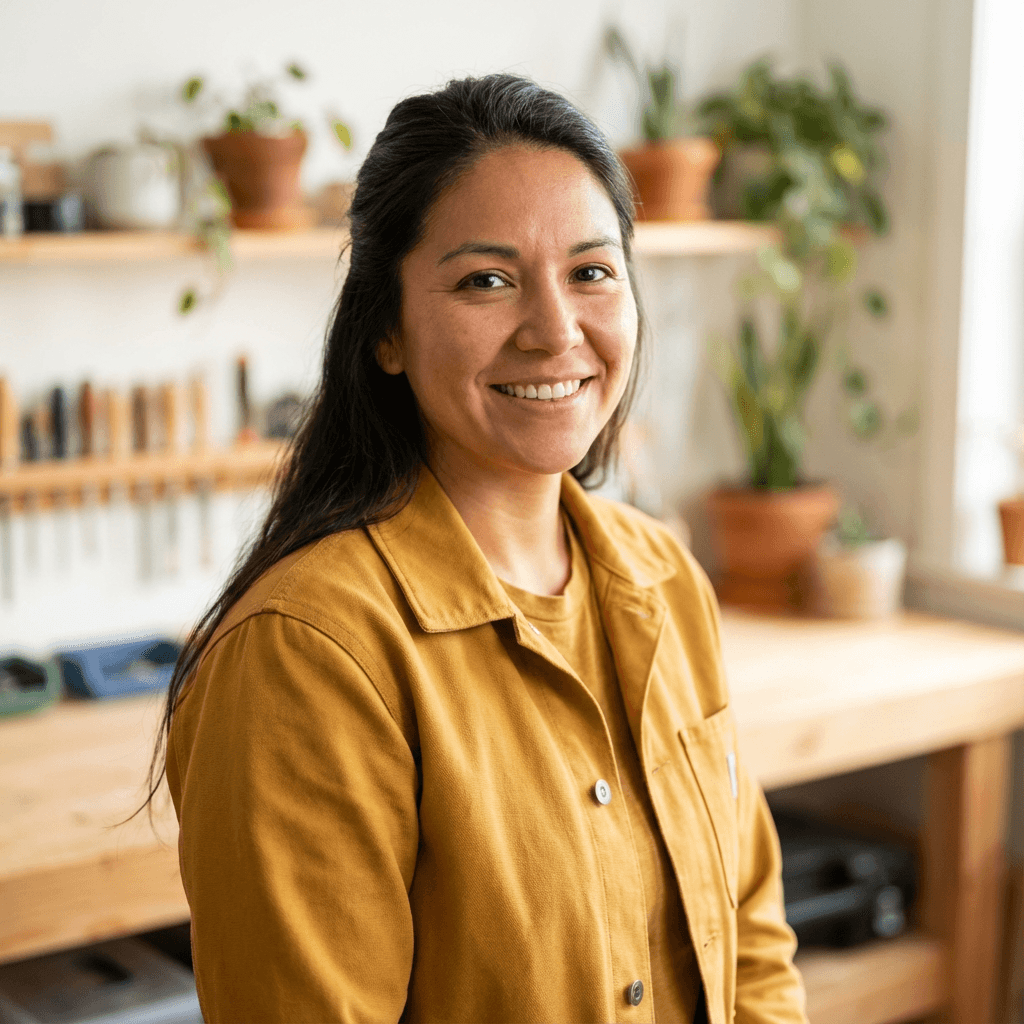 Female cultural guide in her early 40s, Hispanic, welcoming professional
